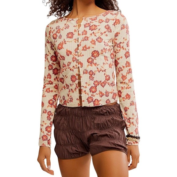 Free People Tops - FREE PEOPLE NWOT XS‎ Button Front Top Orange Floral Ribbed Cotton Boho Indie